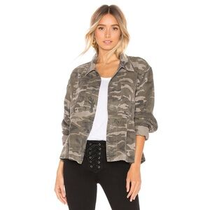AMO Rosie Linen Camo Utility Cargo Jacket Coat Peplum Cropped Gray Green S